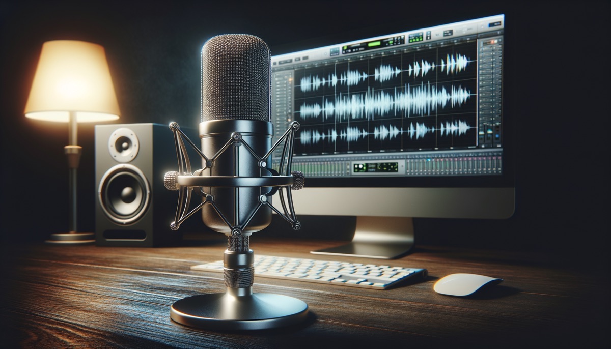 Podcast Audio Production High-quality microphone in front of computer screen displaying audio waveform on editing software.
