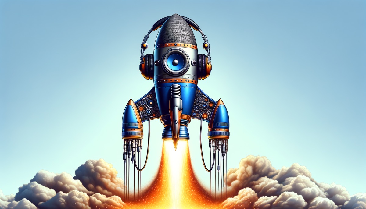 Podcast Launch Services Rocket adorned with headphones and a microphone during launch, representing a powerful podcasting start.