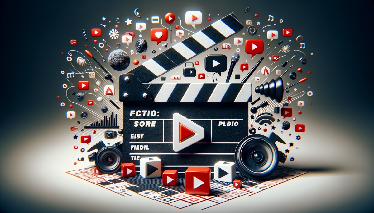Podcast Video Production Clapperboard surrounded by play icons and YouTube logos, symbolizing podcast and video content integration.