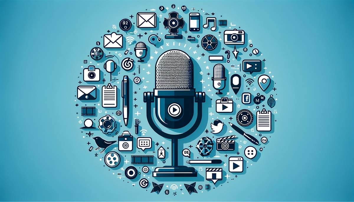Podcasting As Content Strategy Podcast microphone encircled by icons representing blogging, video production, and social media platforms.